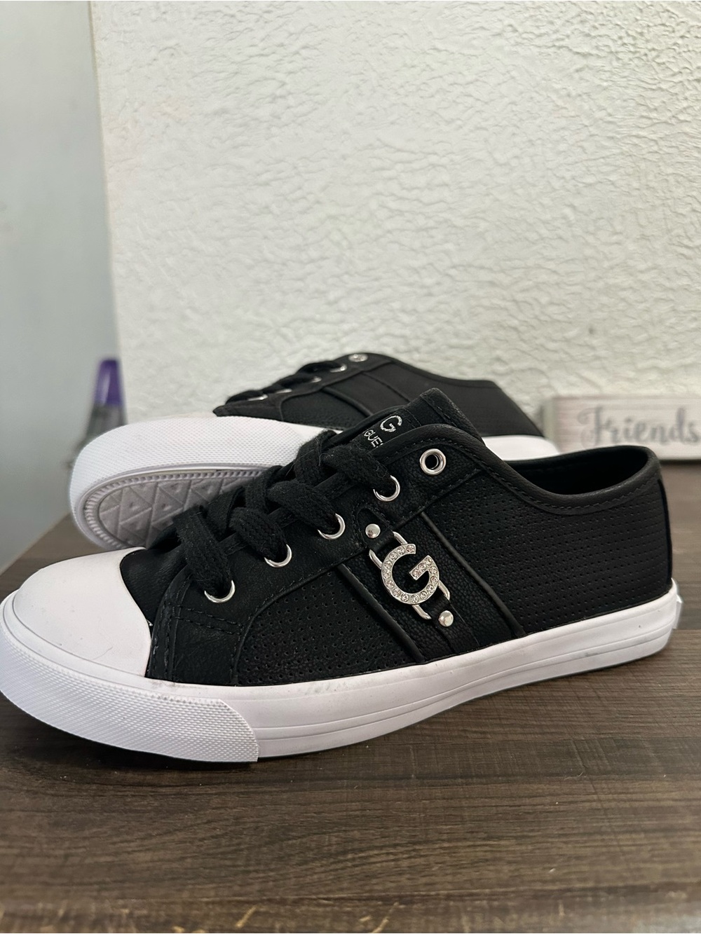 G by Guess Black and White Low-Top Sneaker Embellished Sparkly *G*